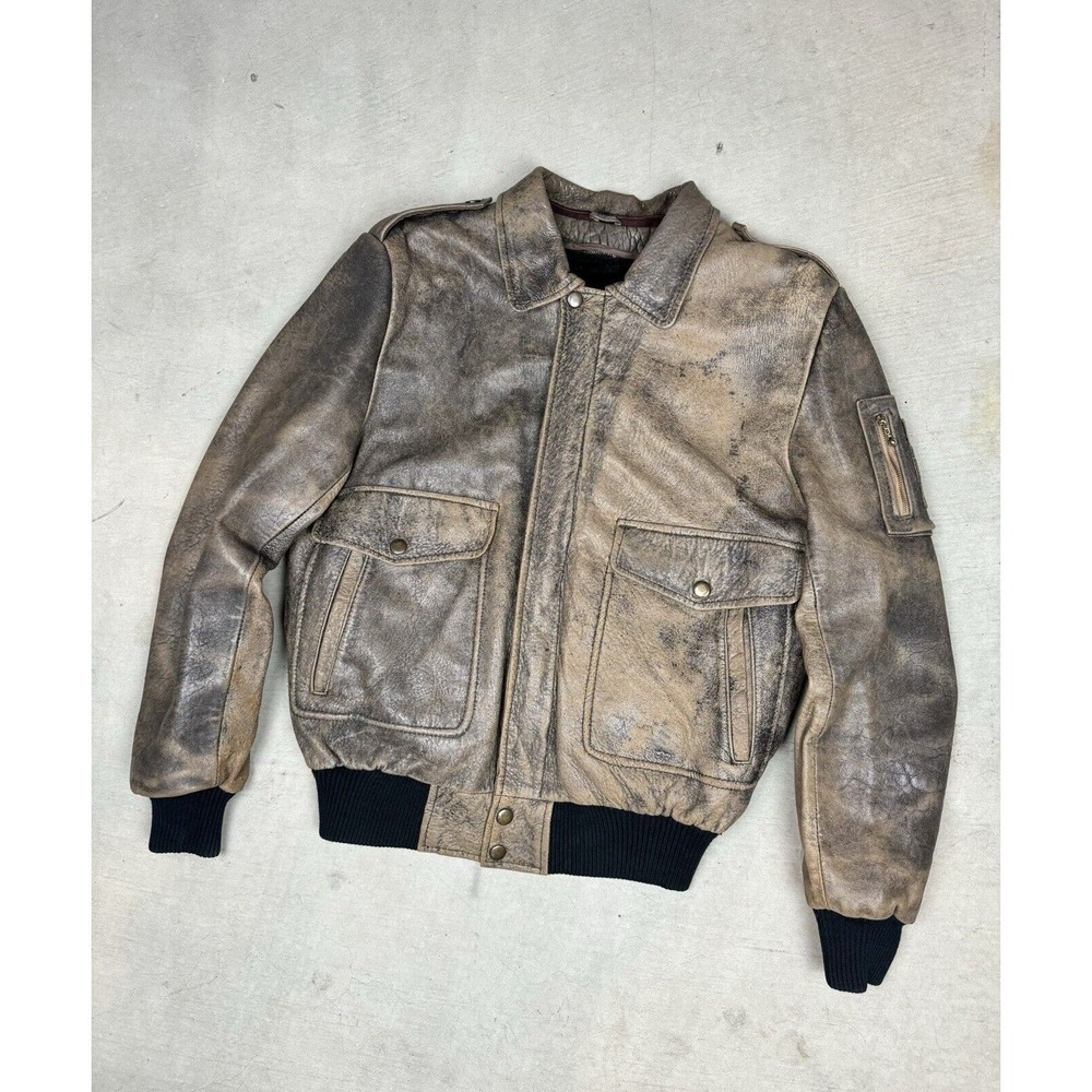 Vintage Brown Leather Distressed Lined Zip Up Bomber Jacket Size 40 Medium